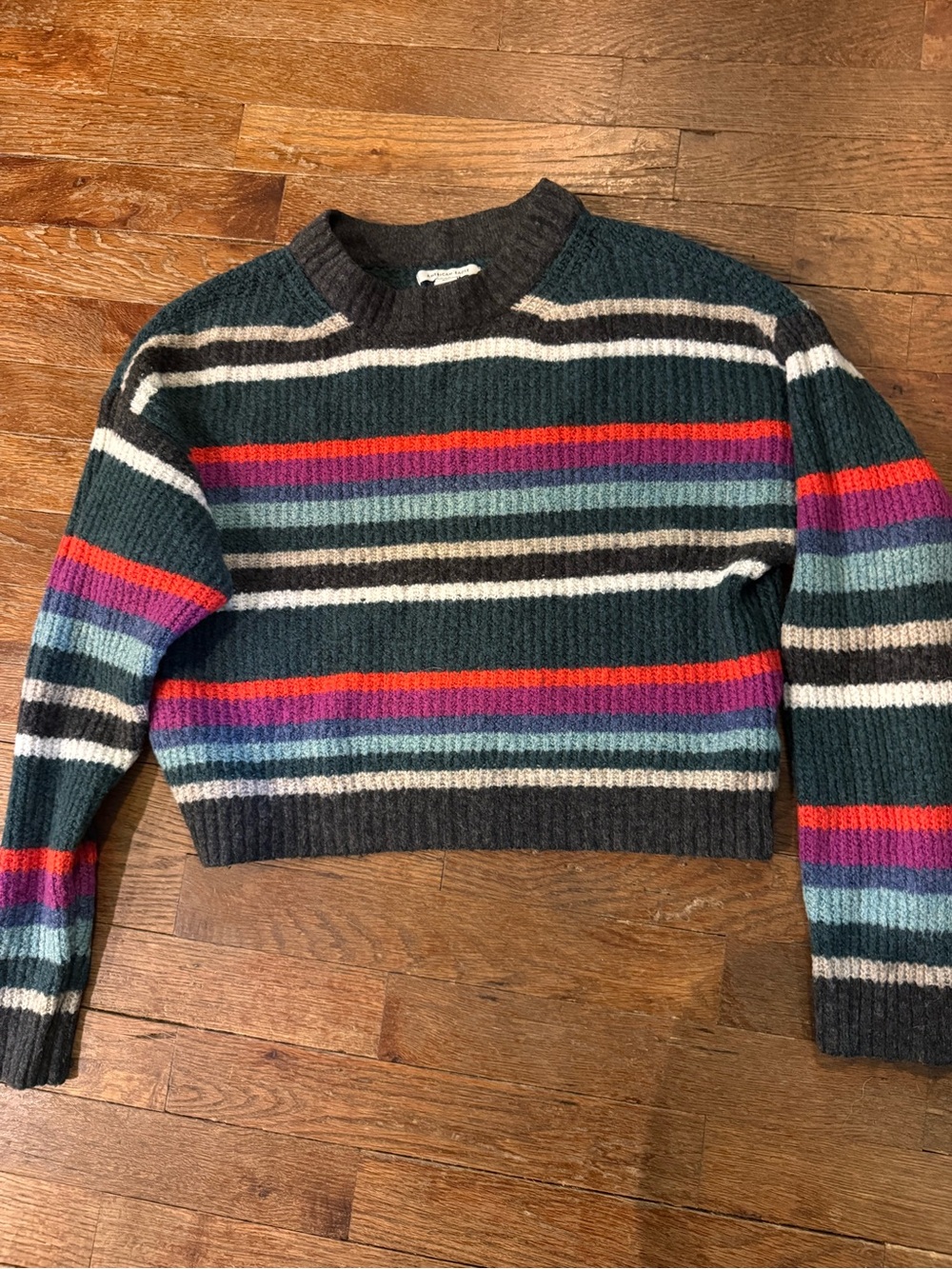 American Eagle Outfitters Dark Teal Sweater with Red, Purple & Gray Stripes